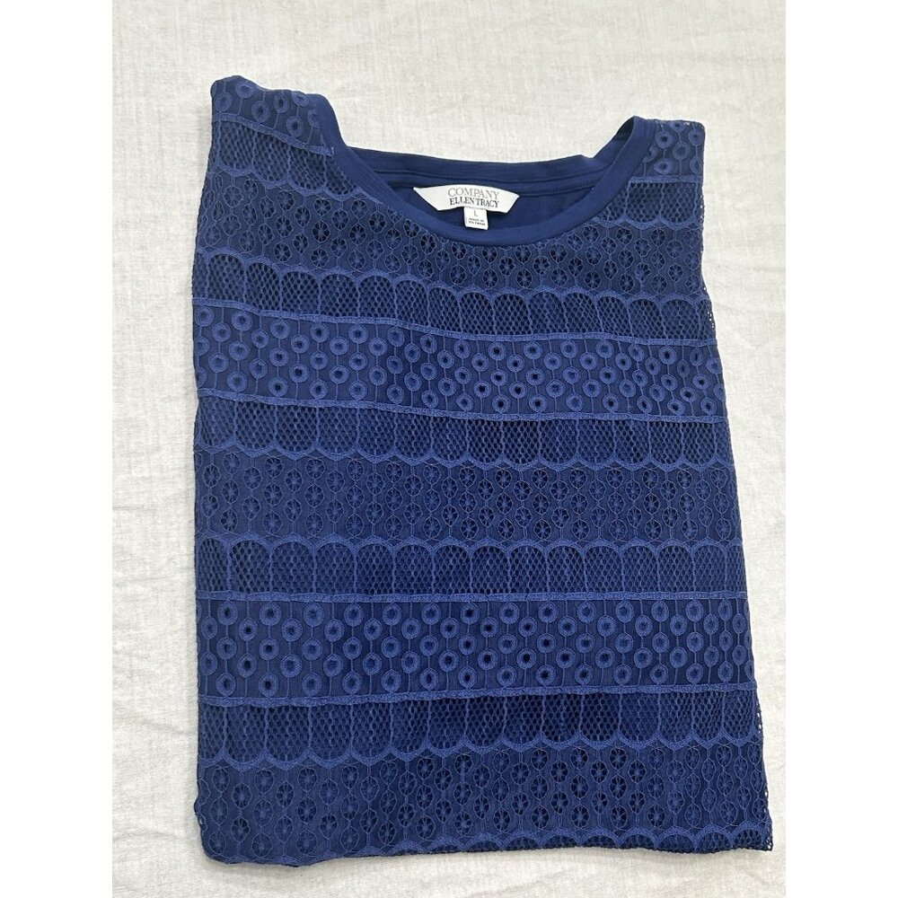 Ellen Tracy Women’s Long Sleeve Blouse Shirt Top Lace Blue Crew Heathered Large